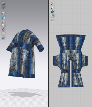 Fish skin robe created in CLO 3D from a two dimensioned segmented pattern previously illustrated using Adobe. .png